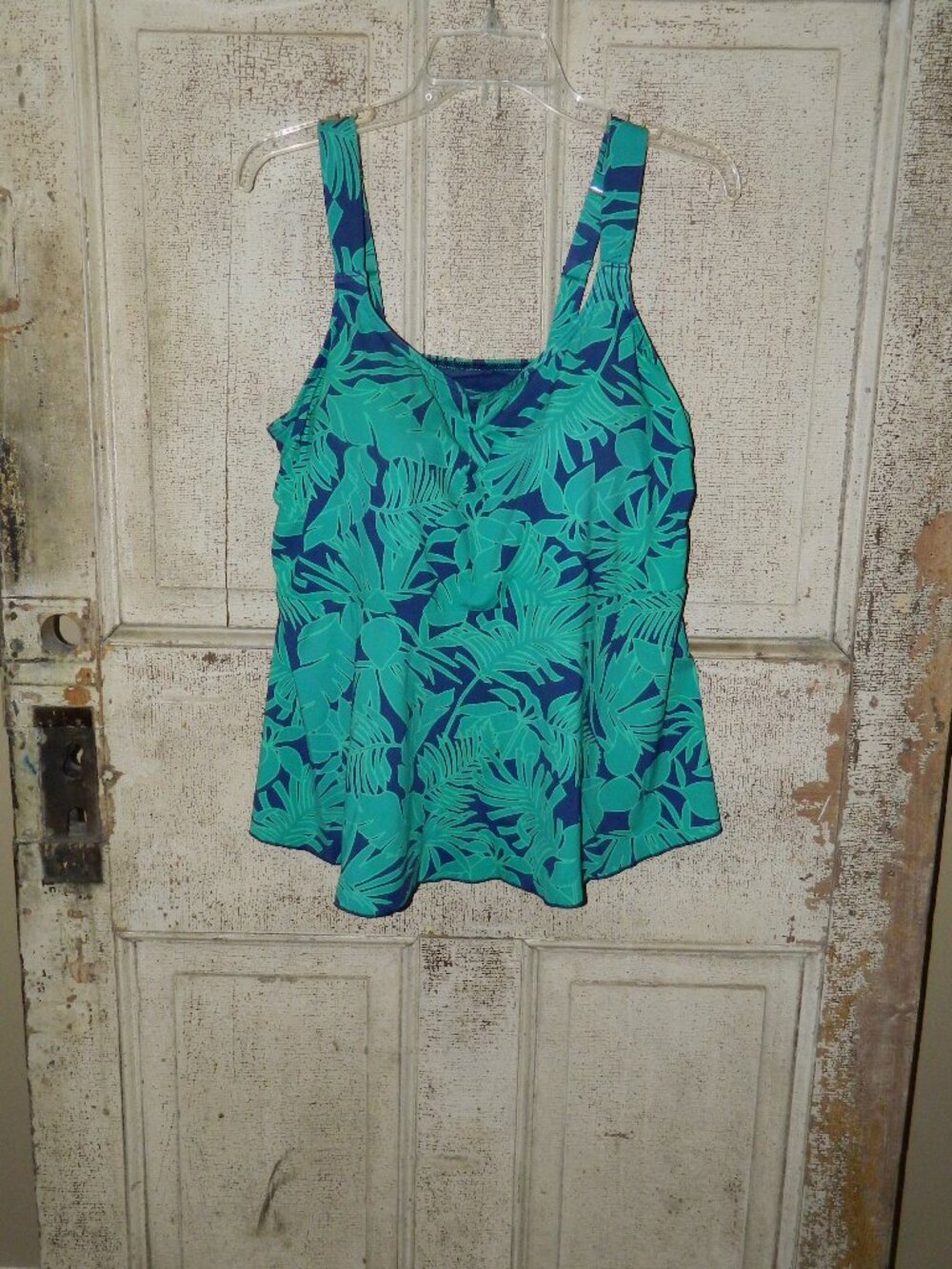Lands' End Tankini Swim Top Navy Green Leaf Print Sz 1X 16/18 (XX-31)
